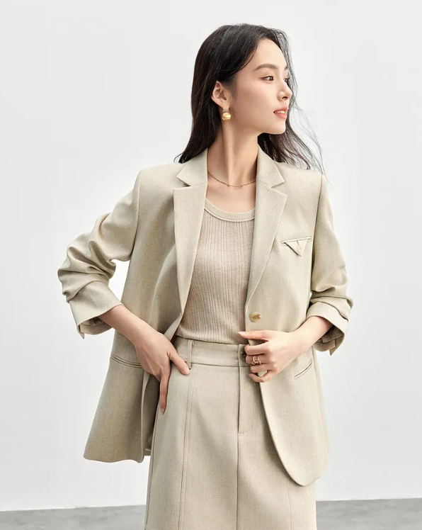 Skirt Suits Linen Blend Shoulder-pads Single Button Blazer And Skirt Two Piece Sets - Image 5
