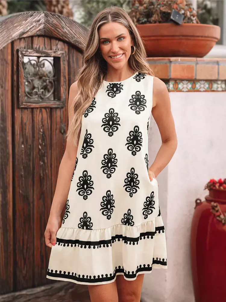 Sleeveless Boho With Back Bow And Pockets Shift Mini Dress - Image 4