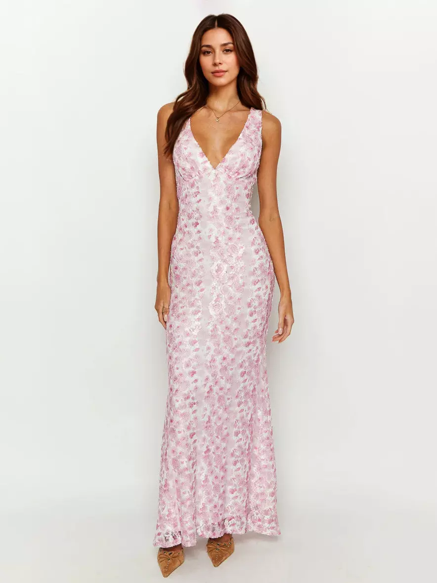 Sleeveless With Deep V-Neck Open Back Lace Maxi Dress - Image 8