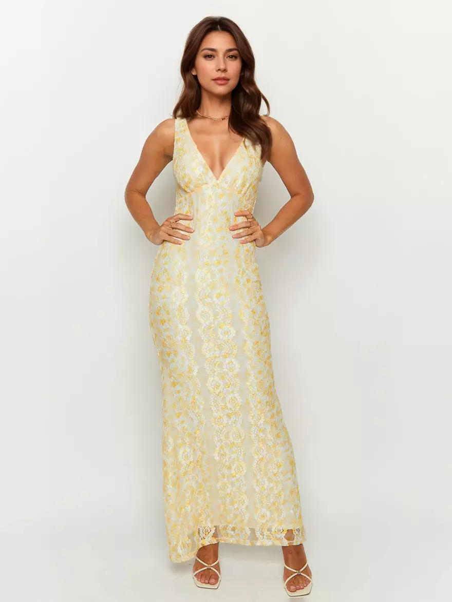 Sleeveless With Deep V-Neck Open Back Lace Maxi Dress - Image 2