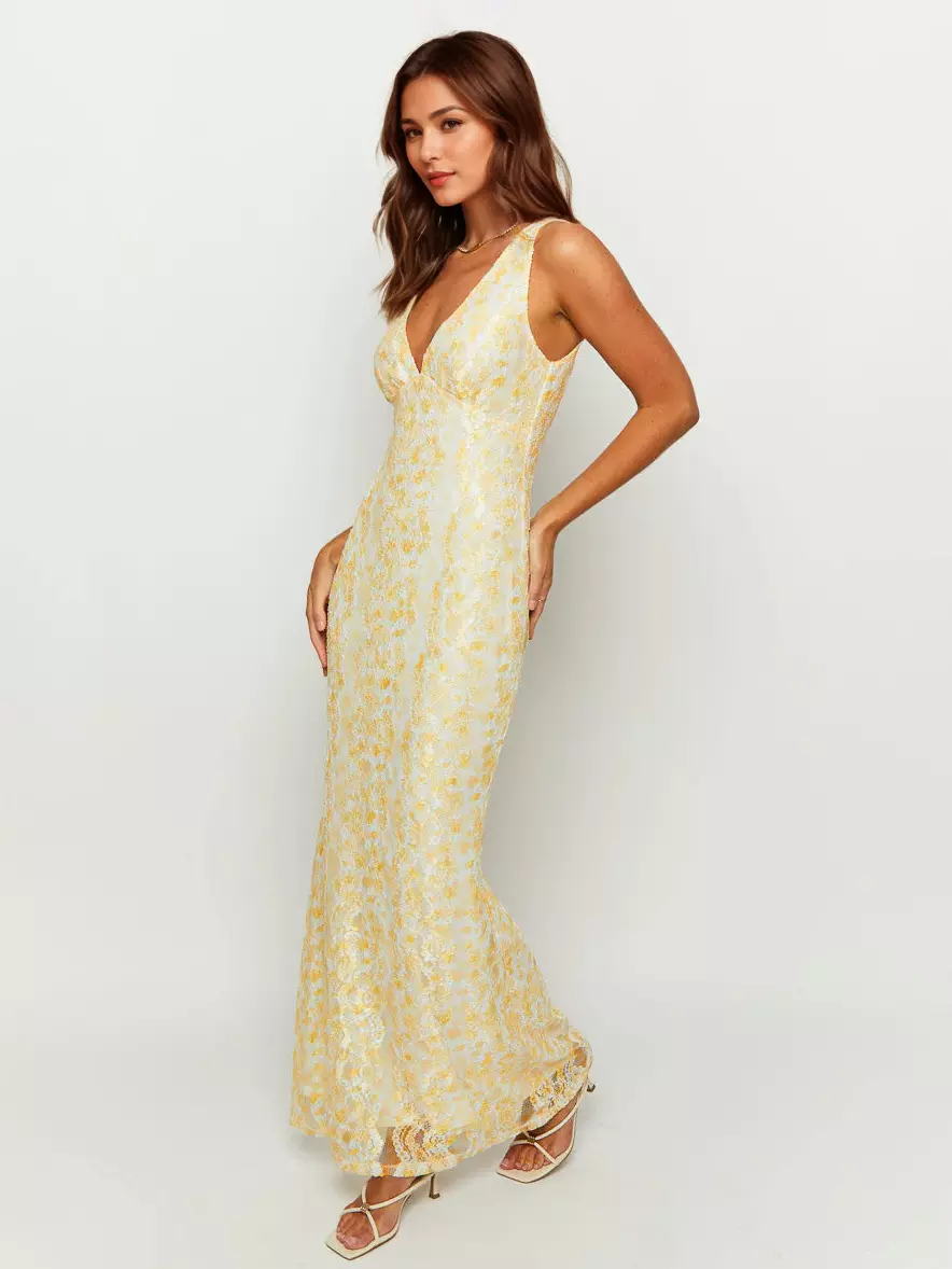 Sleeveless With Deep V-Neck Open Back Lace Maxi Dress - Image 3