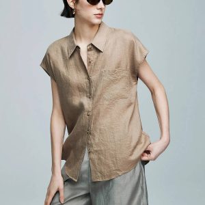 Small Gold Buttons Collared Short-Sleeved With Pocket Loose Linen Shirt