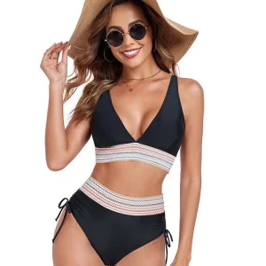 Solid Color Drawstring High Waist Separate Patchwork Swimwear Bikini Set