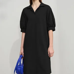 Solid Color Loose Lantern Sleeve V Neck Knit Stretch Comfort Minimalism Casual Dress