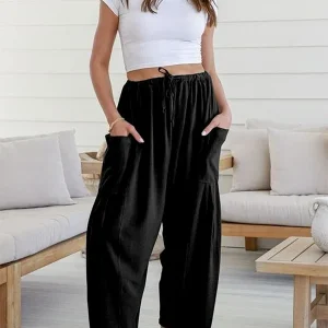 Solid Color Pockets High Waisted Drawstring Loose Wide Leg Casual Daily Trousers Bottoms