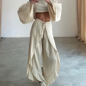 Solid Cotton O Neck Crop Top Lace-up Ruffle Flare Sleeve Hollow Pants Outfit Sets