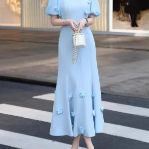 Solid Spliced Appliques Square Neck Short Sleeves High Waist Temperament Dress