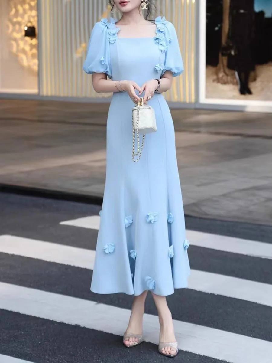 Solid Spliced Appliques Square Neck Short Sleeves High Waist Temperament Dress