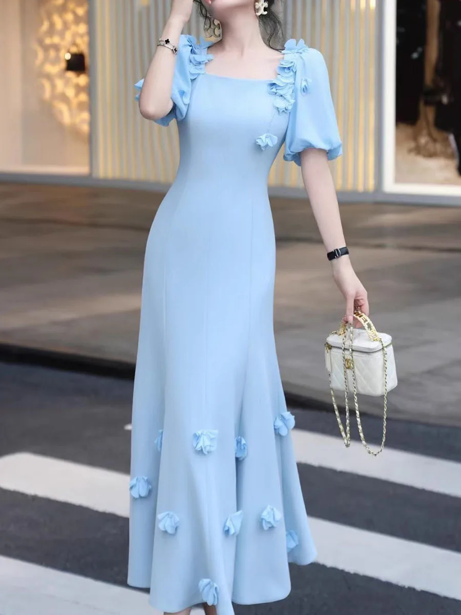 Solid Spliced Appliques Square Neck Short Sleeves High Waist Temperament Dress - Image 2