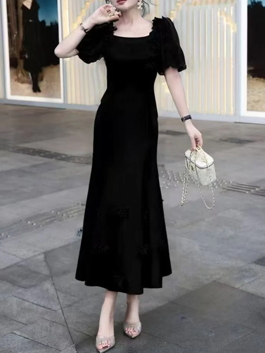 Solid Spliced Appliques Square Neck Short Sleeves High Waist Temperament Dress - Image 4