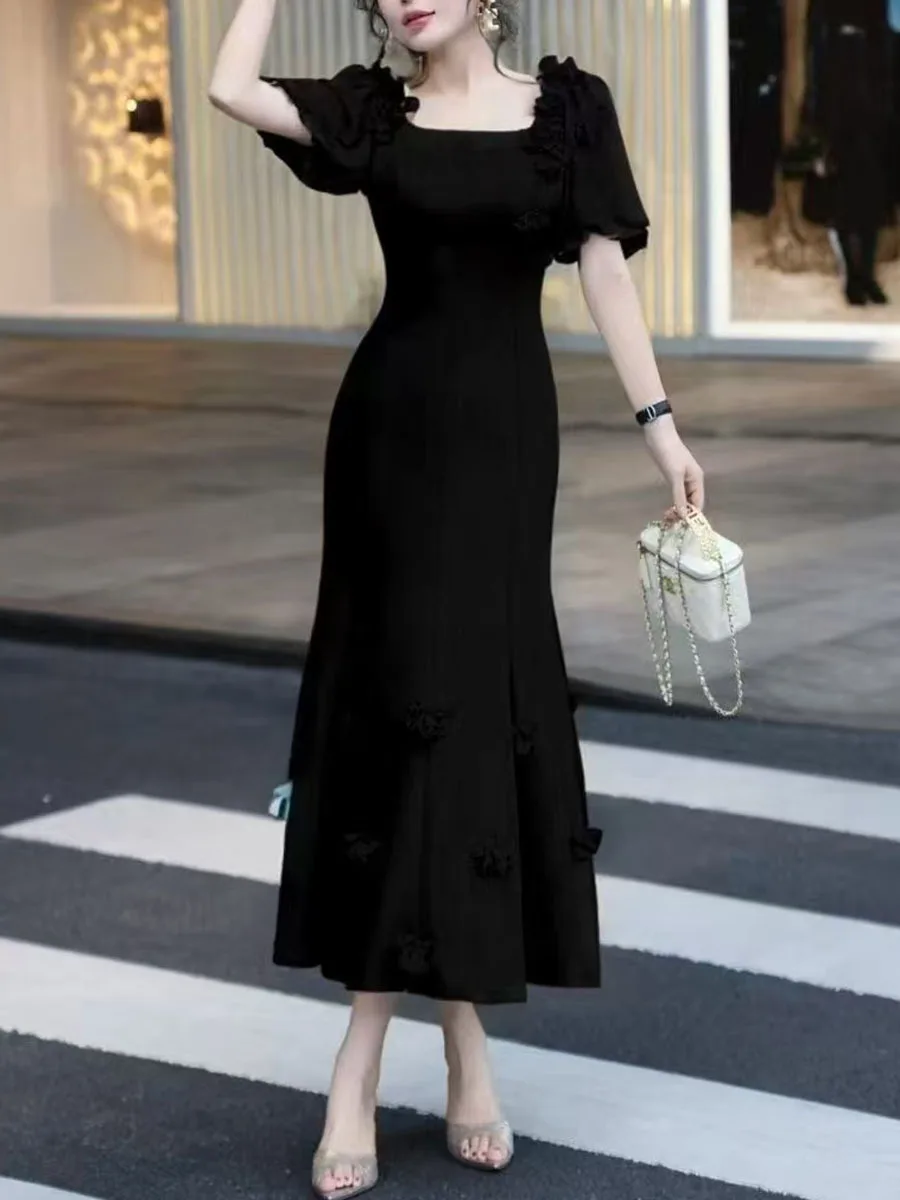 Solid Spliced Appliques Square Neck Short Sleeves High Waist Temperament Dress - Image 5