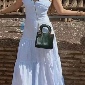 Solid Spliced Button Square Neck Sleeveless High Waist Temperament Dress