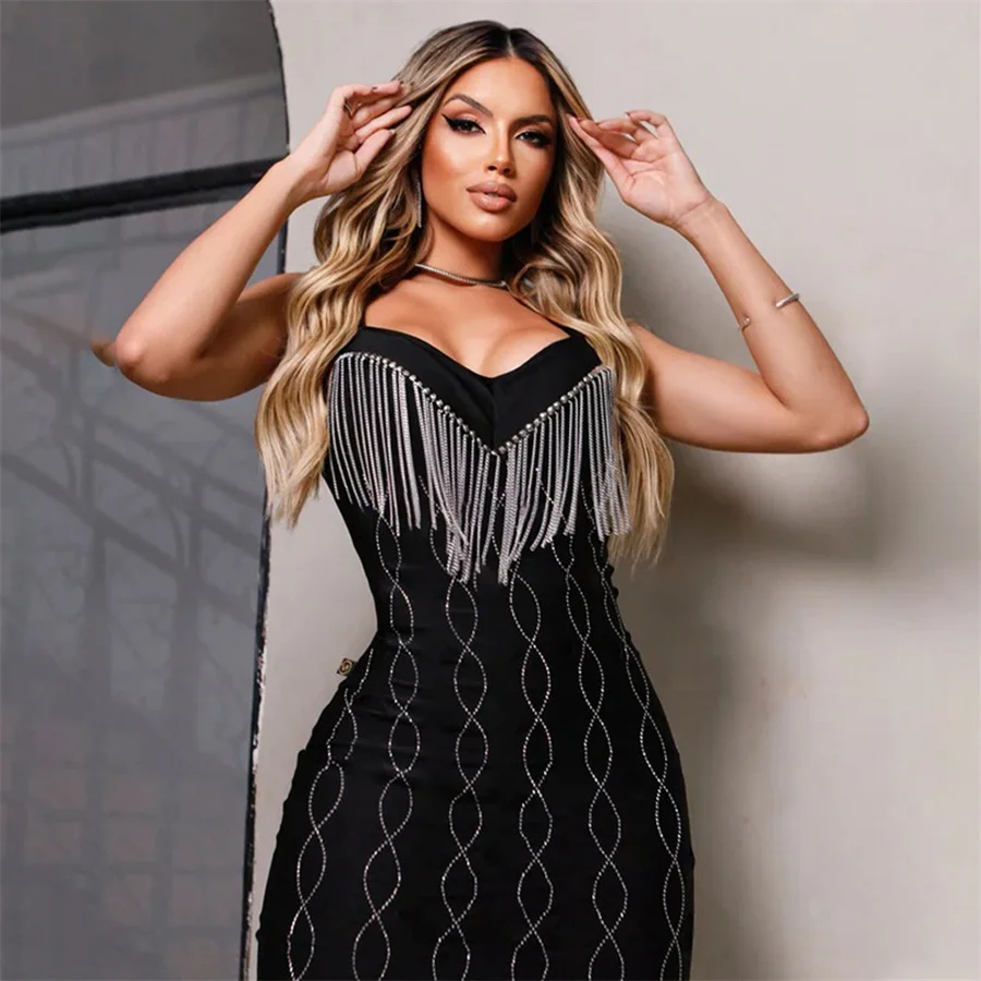 Spaghetti Strap V Neck Rhinestone Tassel Party Birthday Night Club Bodycon Dress - Image 9