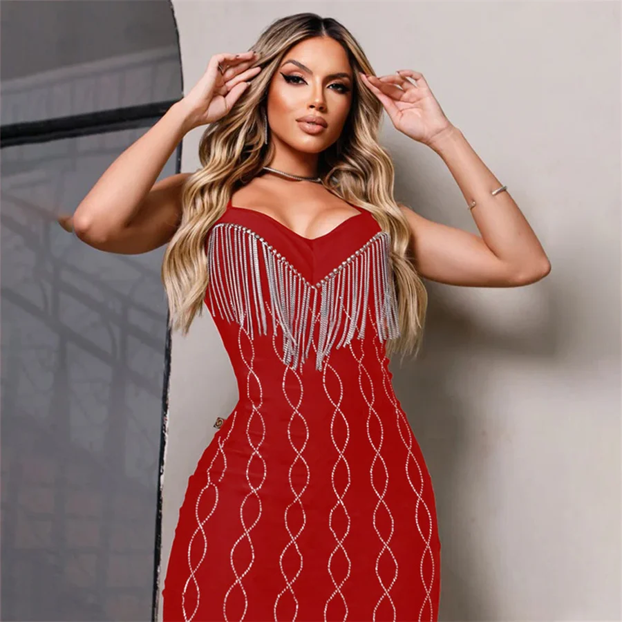 Spaghetti Strap V Neck Rhinestone Tassel Party Birthday Night Club Bodycon Dress - Image 5