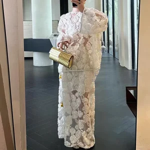 Spliced Hollow Out Lace O Neck Loose Shirt Party Skirt Sets