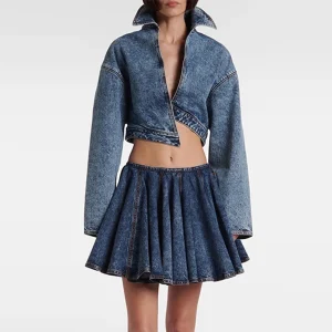 Stand Up Collar Long Sleeve Coat High Waist Mini Skirt Sets