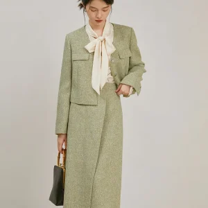 Style Retro V-Neck Short Blazer And Irregular Long Skirts Suit