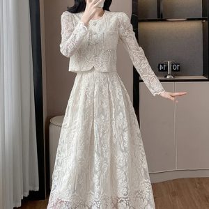 Temperament Lace Flower Embroidery Long Sleeve Pearls Buttons Crop Top Midi Skirts 2 Piece Set