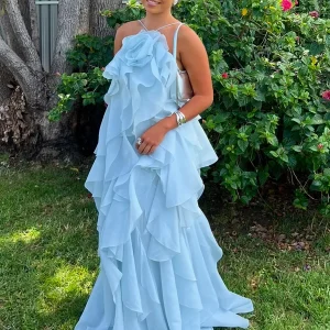 Tiered With Floral Accents And Open Back Events Maxi Dress