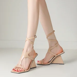Cross-Strap Buckle Strap Toe Buckle Strap Round High Heels Sandal