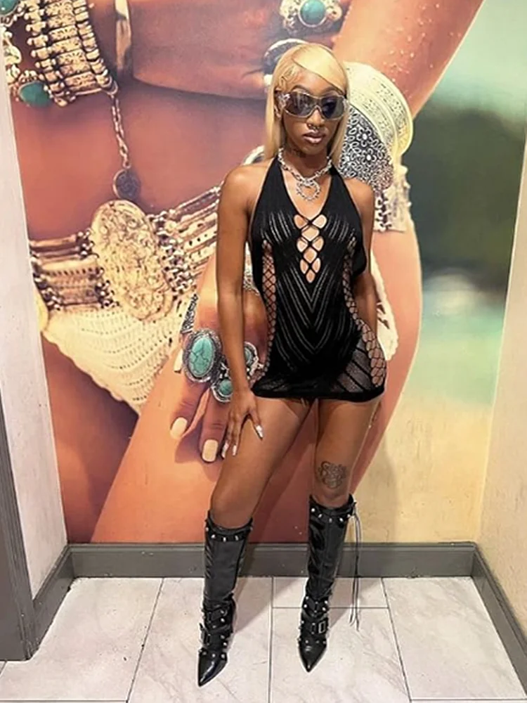 Transparent Lace Backless Hollow Halter Nightwear Party Club Mini Dresses - Image 2