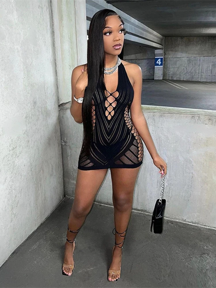 Transparent Lace Backless Hollow Halter Nightwear Party Club Mini Dresses - Image 3