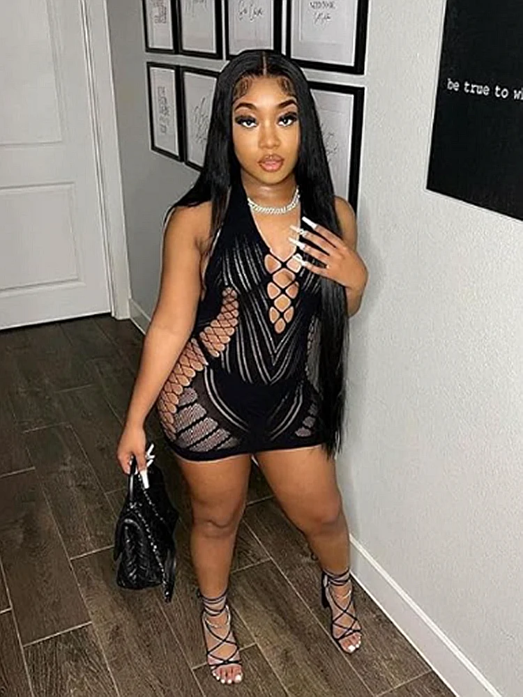 Transparent Lace Backless Hollow Halter Nightwear Party Club Mini Dresses - Image 4