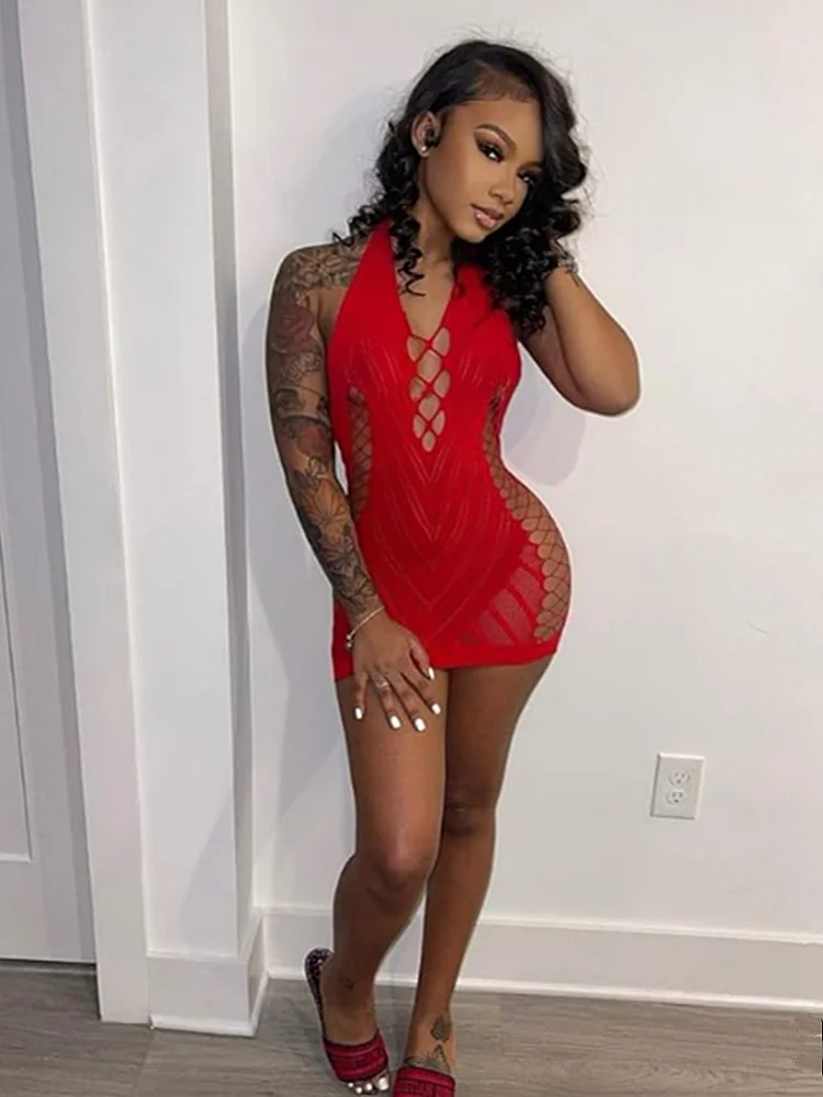 Transparent Lace Backless Hollow Halter Nightwear Party Club Mini Dresses - Image 5