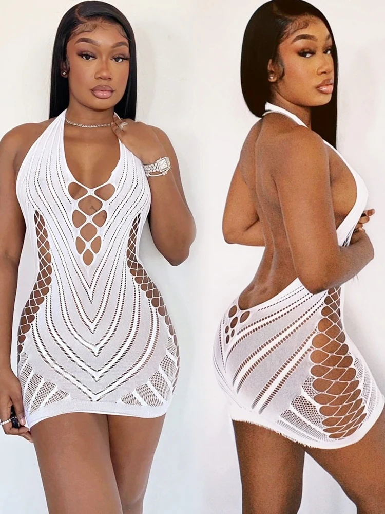 Transparent Lace Backless Hollow Halter Nightwear Party Club Mini Dresses - Image 6