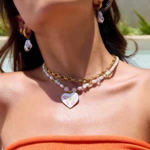 Trend 18K Gold Color Plated Stainless Steel Drop Oil Butterfly Print Pearl Stackable Pendant Necklace 2 pieces