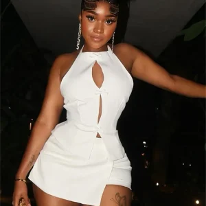 Trend Halter Hollow Knot Backless Tops Skinny Peach Hip Skirts Hottie Club Party 2 Piece Set