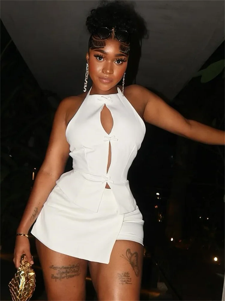 Trend Halter Hollow Knot Backless Tops Skinny Peach Hip Skirts Hottie Club Party 2 Piece Set