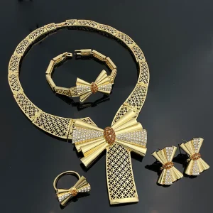 Trendy Bowknot 18k Gold Plated Necklace Earring Bracelet Ring Set