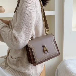 Trendy Flap Square Fashion Faux Leather Purse Stylish Chain Crossbody Bag