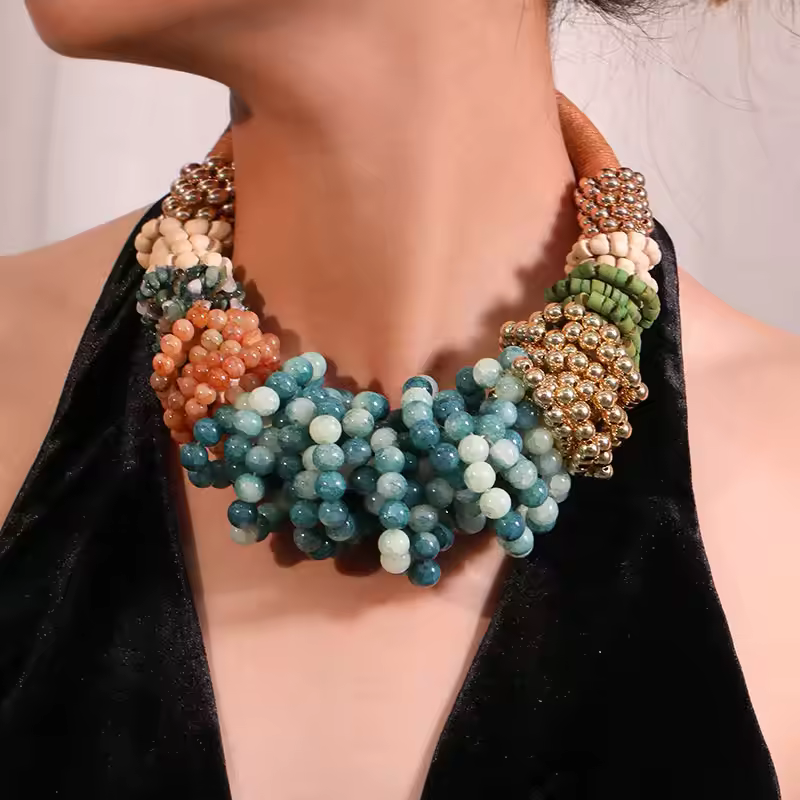 Trendy Geometric Exaggerated Individual Beaded Vintage Wedding Party Necklace