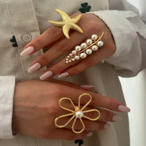 Trendy Geometric Flower Starfish Imitation Knuckle Joint Beach Pearl Rings 3PCS