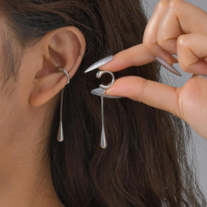 Trendy Geometric Stainless Steel C-shaped Metal Teardrop Tassel Ear Cuff Clip Earrings