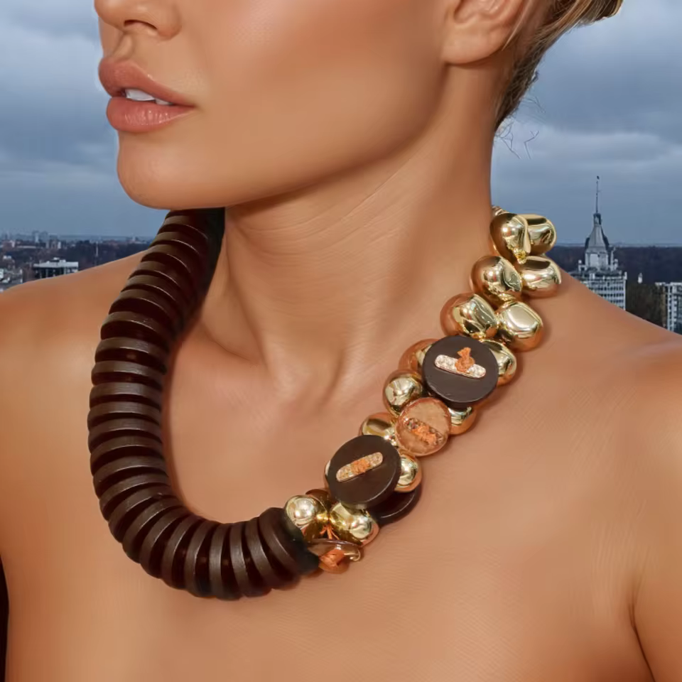 Trendy Plant Statement Boho Wood Beads Zinc Alloy Handmade Party Necklace