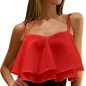 Trendy Ruffle Design Loose Solid Off Shoulder Sleeveless Club Party Short Vest Camisole Top