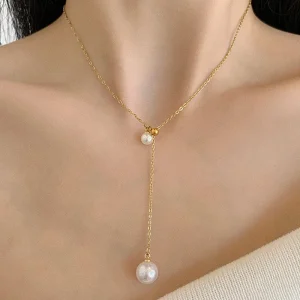 Trendy Stainless Steel Minimalism Pull Adjust Size Pearl Charm Chain Choker Necklace