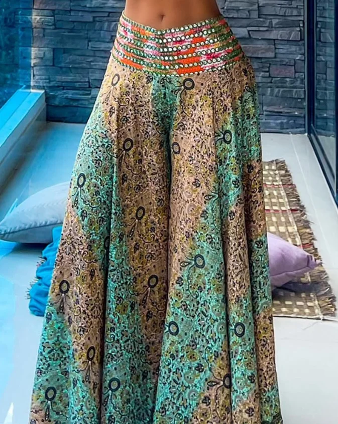 Tribal Pattern V-Neck Sleeveless Spaghetti Strap Crop Tank Shirred High Waist Vacation Wide Leg Pants Set - Image 3