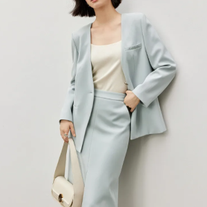 Twill Office Style V-Neck Blazer And Straight Slit Skirt 2 Piece Suits