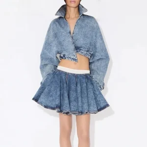 Two Piece Sets Lapel Long Sleeves Top High Waist Spliced Folds Skirts Set