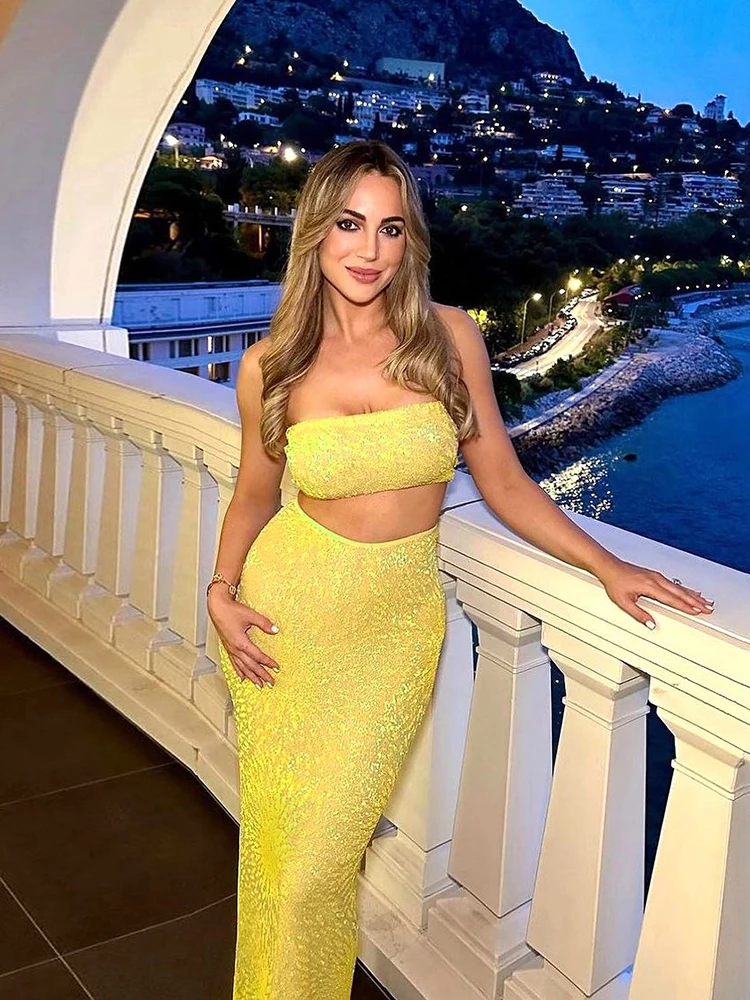 Hipster Festival Style Wrapped Chest Mini Tops Matching Straight Maxi Skirts Vacation Suits - Image 3