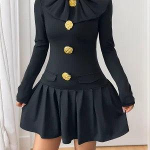 Vintage Half High Collar A-Line Slim Short Medium Stretch Mini Dress