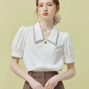 Vintage Casual Elegant Embroidery Sweet Short Sleeve Simple Off Lady Tops