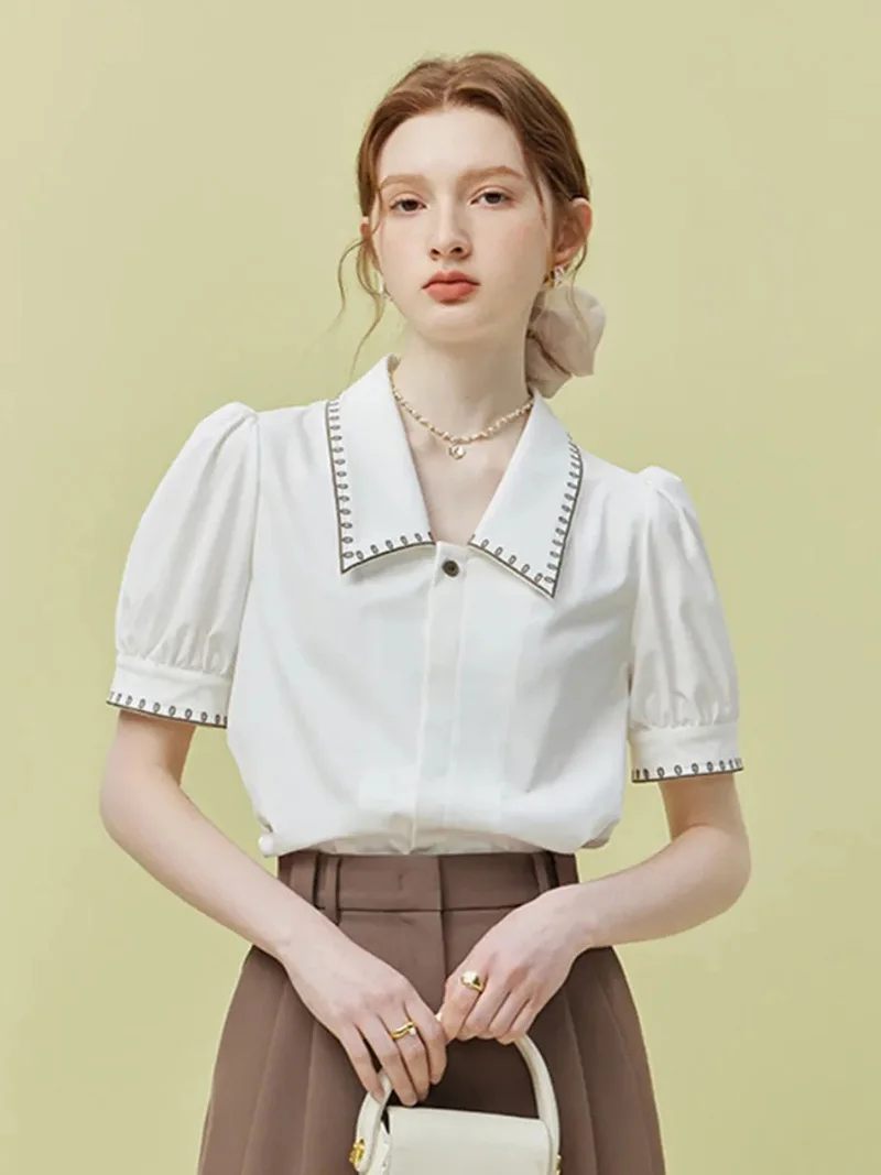 Vintage Casual Elegant Embroidery Sweet Short Sleeve Simple Off Lady Tops