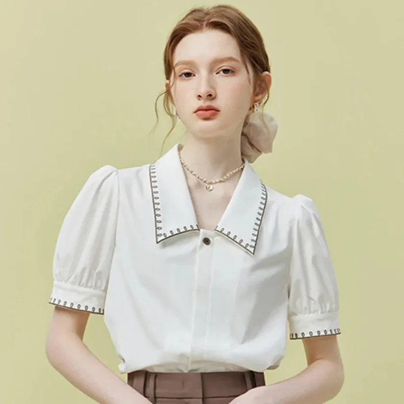 Vintage Casual Elegant Embroidery Sweet Short Sleeve Simple Off Lady Tops - Image 3