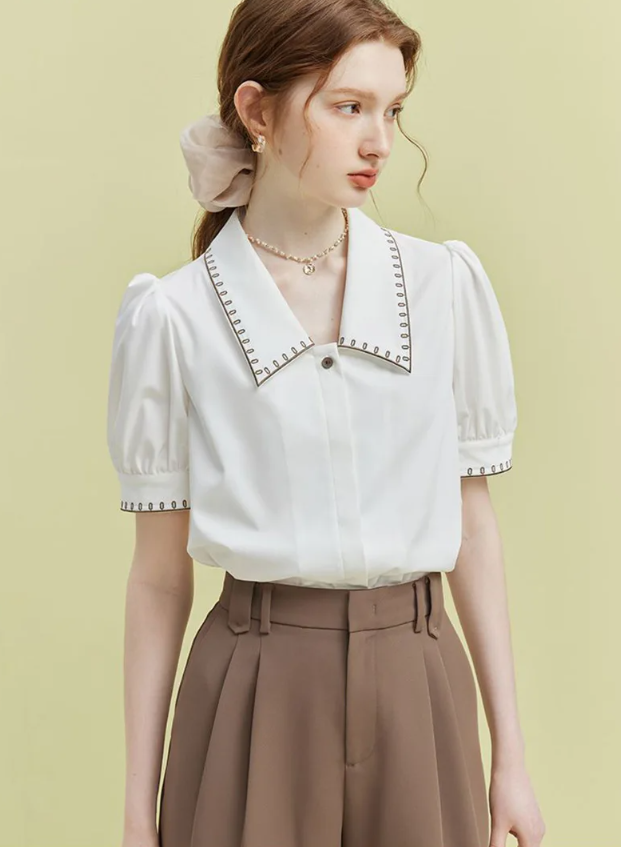 Vintage Casual Elegant Embroidery Sweet Short Sleeve Simple Off Lady Tops - Image 4