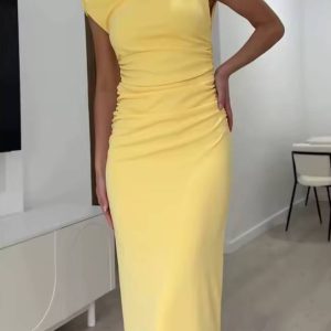 Vintage Casual Solid O-Neck Sleeveless Asymmetrical Straight Vestidos Dress